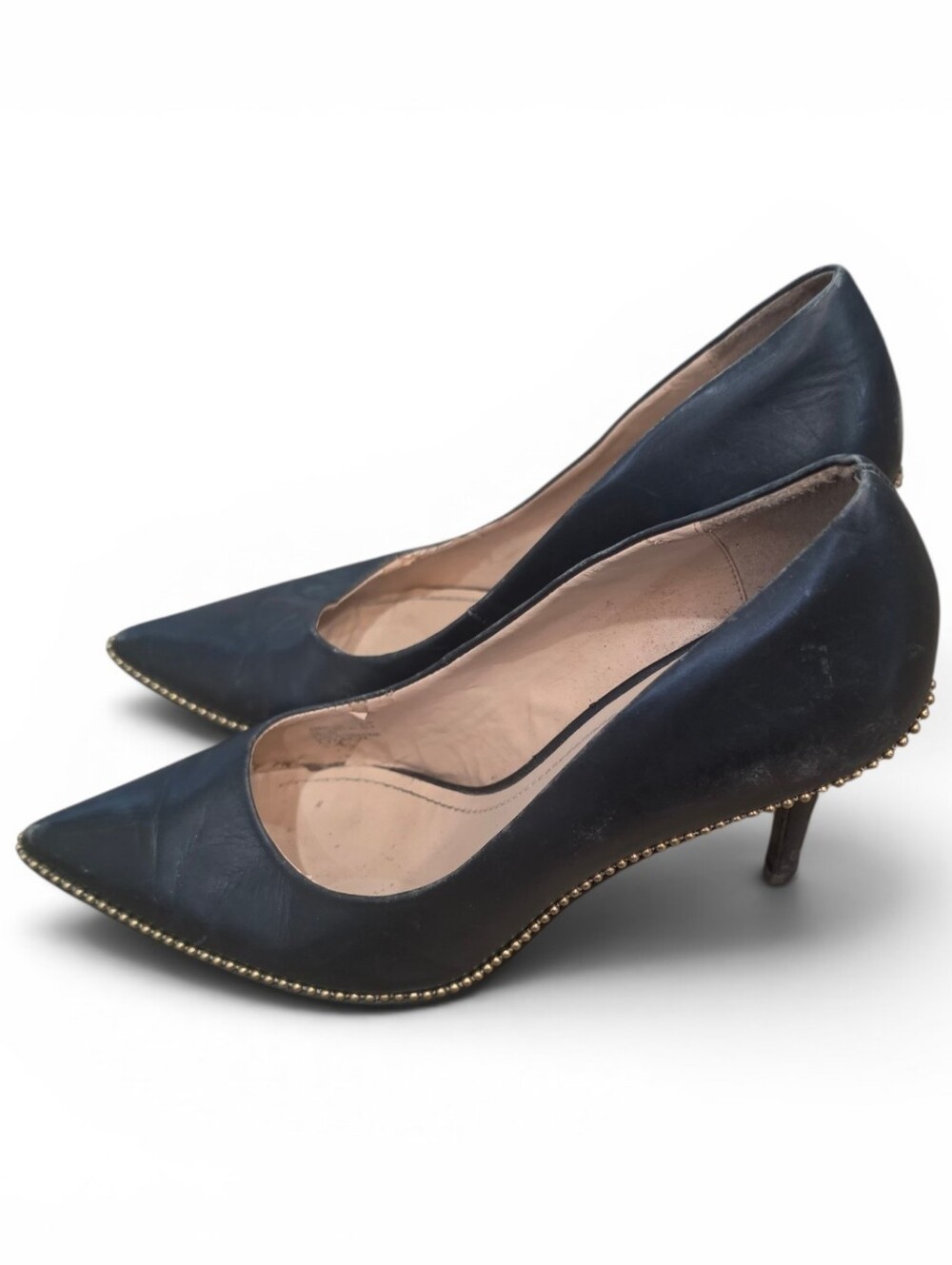 Coach Waverly Black Leather Pointed Toe Pumps Gold Ball Chain Trim Size 9